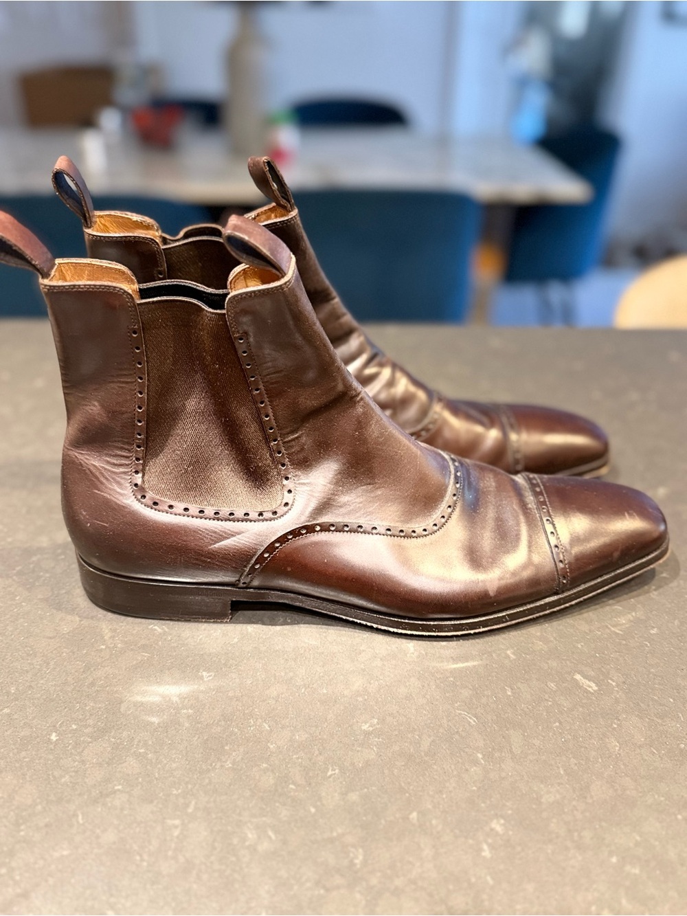 Jil Sander Dark Brown Leather Brogue-Trim Chelsea Boots